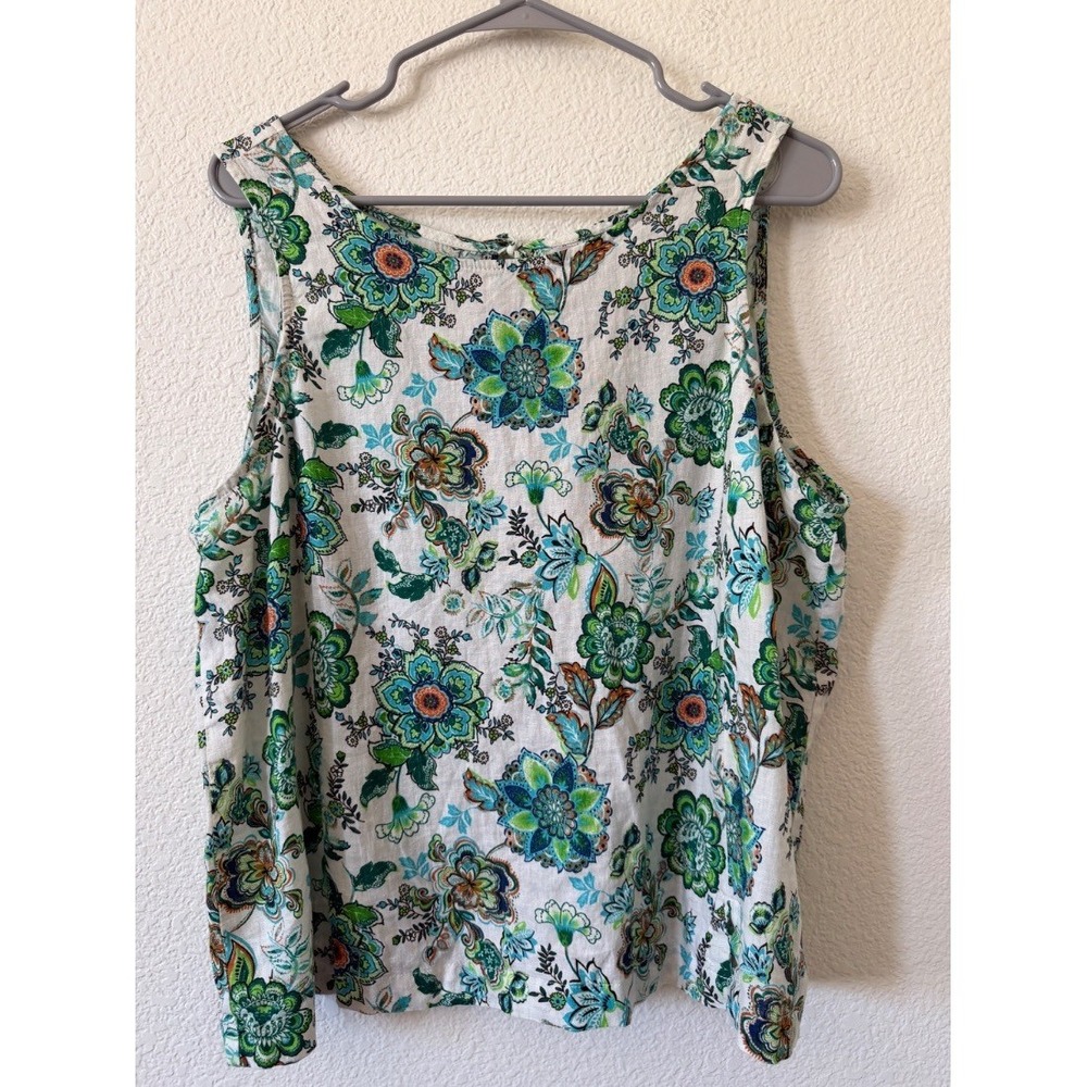 Womens Floral Linen Rayon Sleeveless Blouse Top Green Blue White Tie Back size X - Picture 2 of 13